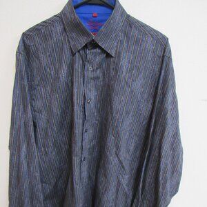 Luchiano Visconti Black/Blue Striped Floral Long Sleeve Flip-Cuff Shirt XL